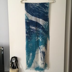 FARO Blue + White Ocean Wave Currents Wool Gauze Featherweight Scarf Sha…